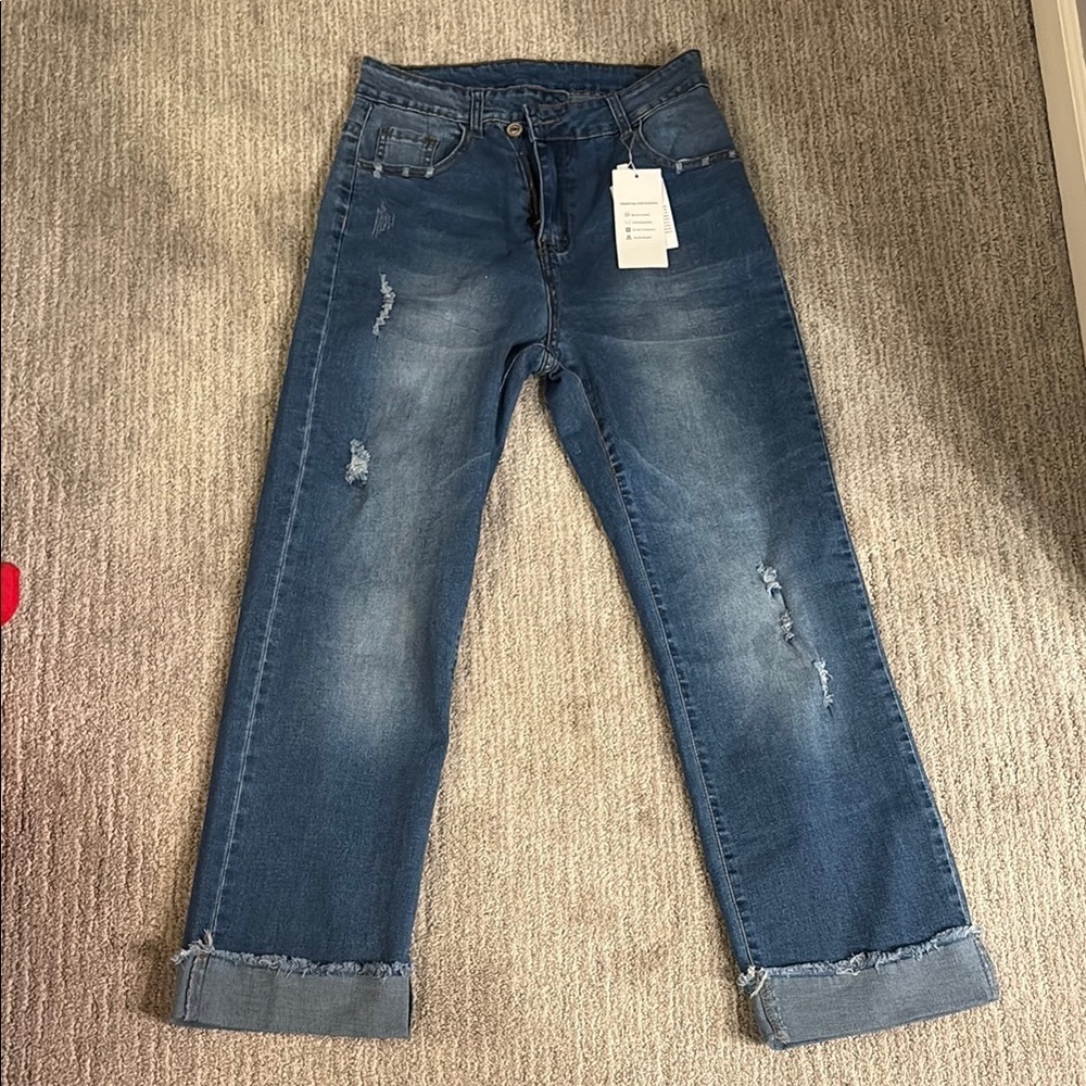 Casual Blue Boyfriend Jeans with Rolled Hems